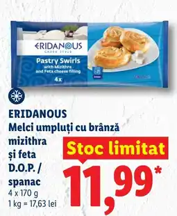 Lidl ERIDANOUS Melci umpluți cu brânză mizithra şi feta D.O.P./ spanac Ofertă