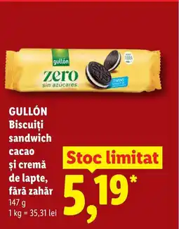 Lidl GULLÓN Biscuiţi sandwich cacao şi cremă de lapte, fără zahăr Ofertă
