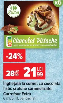 Carrefour Îngheţată la cornet cu ciocolată, fistic şi alune caramelizate, Carrefour Extra Ofertă