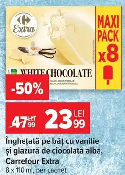 Carrefour Înghețată pe băț cu vanilie şi glazură de ciocolată albă, Carrefour Extra Ofertă