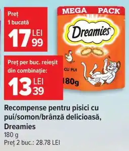 Carrefour Recompense pentru pisici cu pui/somon/brânză delicioasă, Dreamies Ofertă