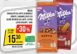 Mega Image Milka ciocolată cu lapte și migdale sărate, caramelizate/cu alune întregi/cu lapte, extra lotus biscoff Ofertă