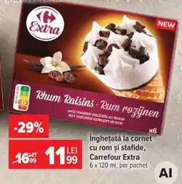 Carrefour Înghețată la cornet cu rom și stafide, Carrefour Extra Ofertă