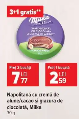 Carrefour Napolitană cu cremă de alune/cacao și glazură de ciocolată, Milka Ofertă