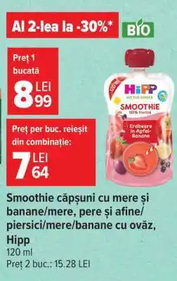 Carrefour Smoothie căpșuni cu mere și banane/mere, pere și afine/piersici/mere/banane cu ovăz, Hipp Ofertă