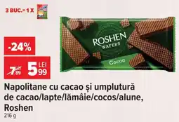 Carrefour Napolitane cu cacao și umplutură de cacao/lapte/lămâie/cocos/alune, Roshen Ofertă