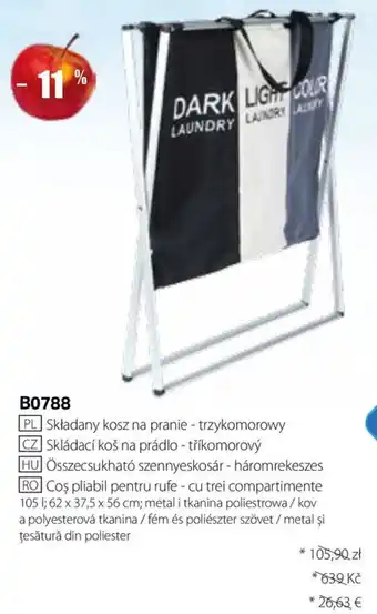 Coș pliabil pentru rufe - cu trei compartimente