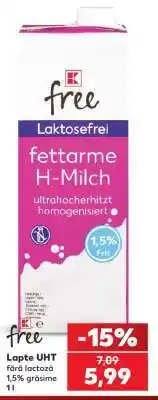 Kaufland Lapte UHT fără lactoză 1,5% grăsime 1l Ofertă