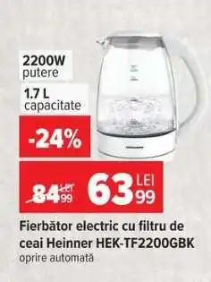 Carrefour Fierbător electric cu filtru de ceai Heinner HEK-TF2200GBK Ofertă
