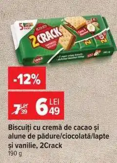 Carrefour Biscuiți cu cremă de cacao și alune de pădure/ciocolată/lapte și vanilie, 2Crack Ofertă