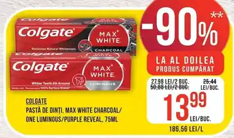 Colgate pastă de dinți, max white charcoal/one luminous/purple reveal