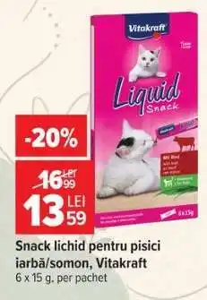Carrefour Snack lichid pentru pisici iarbă/somon, Vitakraft Ofertă