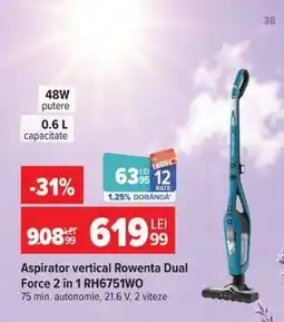 Carrefour Aspirator vertical ROWENTA Dual Force 2 în 1 RH6751WO Ofertă