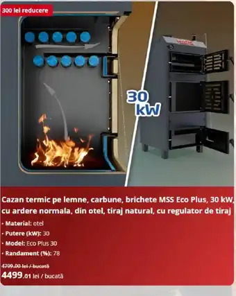 Cazan termic pe lemne, carbune, brichete MSS Eco Plus, 30 kW.