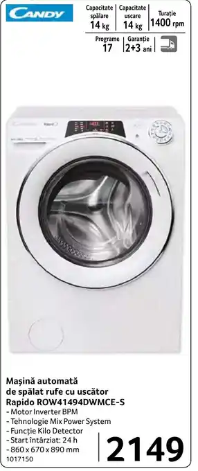Candy mașină automată de spălat rufe cu uscător Rapido ROW41494DWMCE-S
