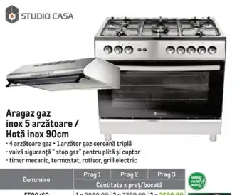 Studio Casa aragaz gaz inox 5 arzatoare / hota inox 90cm