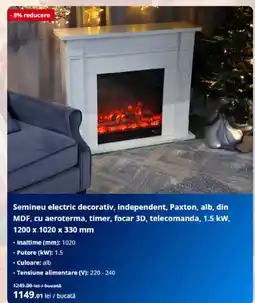 Dedeman Paxton semineu electric decorativ independent alb Ofertă