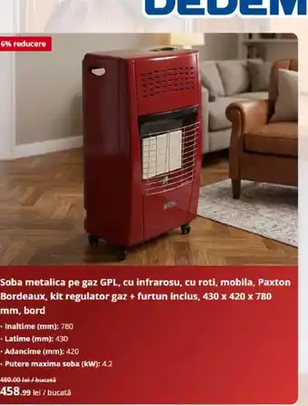 Dedem soba metalica pe gaz gpl cu infrarosu cu roti mobila paxton bordeaux