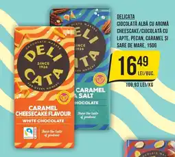 Mega Image Delicata ciocolată albă cu aromă cheesecake/ciocolată cu lapte, pecan, caramel și sare de mare Ofertă