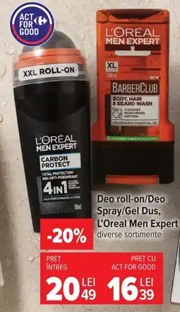 Carrefour L'oreal men expert deo roll-on/deo spray/gel dus Ofertă