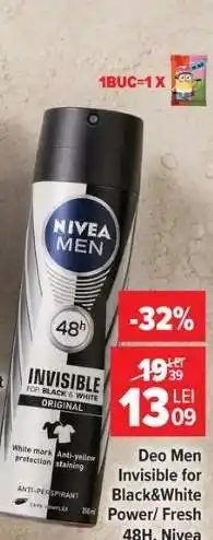 Carrefour Deo Men Invisible for Black&White Power/Fresh 48H, Nivea Ofertă