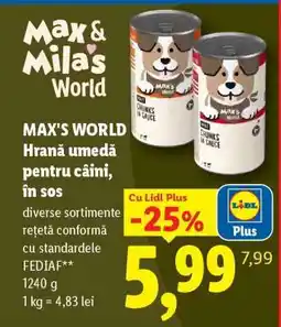 Lidl MAX'S WORLD Hrană umedă pentru câini, în sos Ofertă