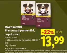 Lidl MAX'S WORLD Hrană uscată pentru câini, cu pui și orez Ofertă