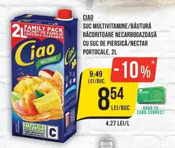 Mega Image Ciao suc multivitamine/băutură răcoritoare necarbo gazoașă cu suc de piersică/nectar portocale Ofertă