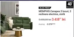 Mobexpert Memphis canapea 3 locuri, 2 reclinere electrice, stofă Ofertă