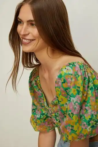 Oasis Vibrant floral ruched front puff sleeve top erbjuda