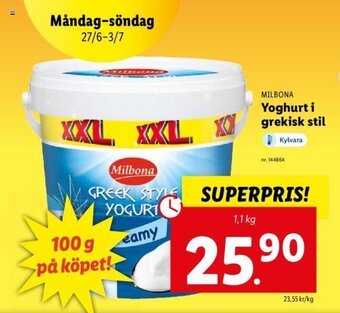 Lidl MILBONA yoghurt i grekisk stil erbjuda