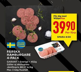 Willys Färska hamburgare 4-pack erbjuda
