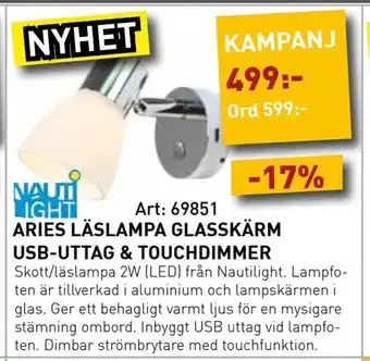 Aries läslampa glasskärm usb-uttag & touchdimmer
