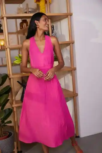 V neck linen mix tailored midi dress