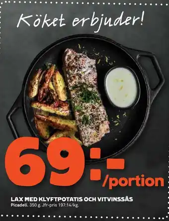 Stora Coop Lax med klyftpotatis och vitvinssås erbjuda