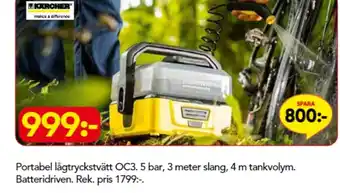 Bo Ohlsson Portabel Lågtryckstvätt OC3. 5 bar, 3 meter slang 4 m tankvolym Batteridriven erbjuda