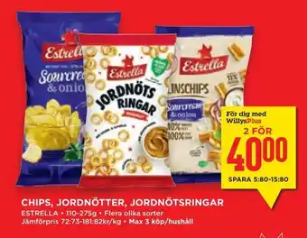 Willys Hemma Chips, jordnötter, jordnötsringar erbjuda