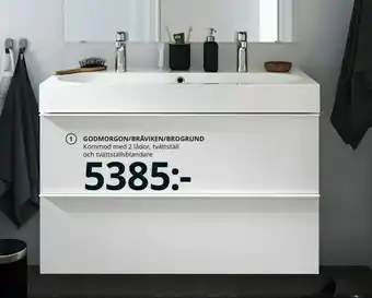 GODMORGON kommod med 2 lådor/ BRÅVIKEN tvättställ /BROGRUND tvättställs blandare