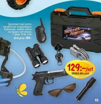 Leklust Spionset med pistol, handklovar, solglasögon, ficklampa, walkie-talkie, kompass och kikare erbjuda