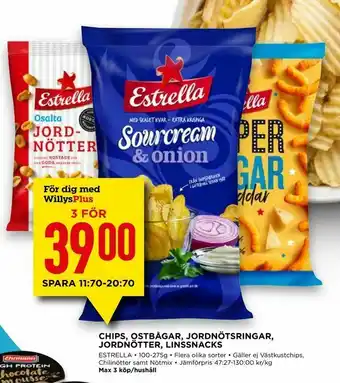 Willys Chips, ostbågar, jordnötsringar, jordnötter, linssnacks erbjuda