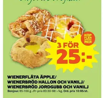 Stora Coop Wienerfläta äpple/ wienerbröd hallon och vanilj/ wienerbröd jordgubb och vanilj erbjuda