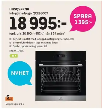 Elon Husqvarna inbyggnadsugn qce9600x erbjuda