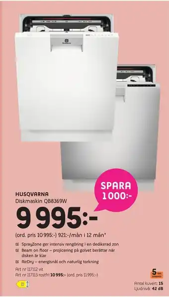Elon Husqvarna diskmaskin qb8369w erbjuda