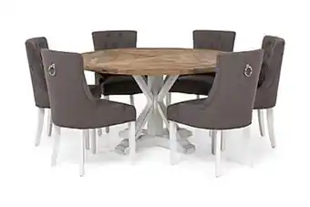 Furniturebox Lire matbord runt trä/vit + 6 viktoria stol brungrå/vit erbjuda