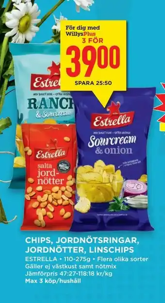 Willys Chips, Jordnötsringar, Jordnötter, Linschips 110-275g erbjuda