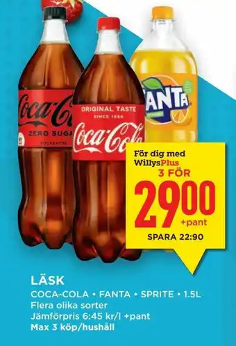 Willys Läsk Coca-Cola, Fanta, Sprite 1,5L erbjuda
