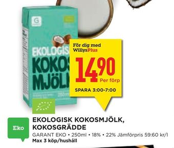 Willys Hemma Ekologisk kokosmjölk, kokosgrädde erbjuda