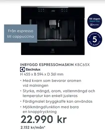 Electrolux Home Inbyggd espressomaskin kbc65x h 455 x b 594 x d 361 mm erbjuda
