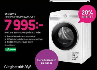 Elon Samsung Torktumlare DV80T6220LH/S4 erbjuda