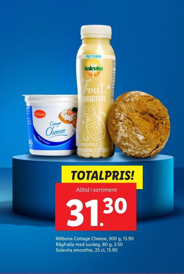 Milbona cottage cheese, 300 g + rågfralla med surdeg, 80 g + solevita
